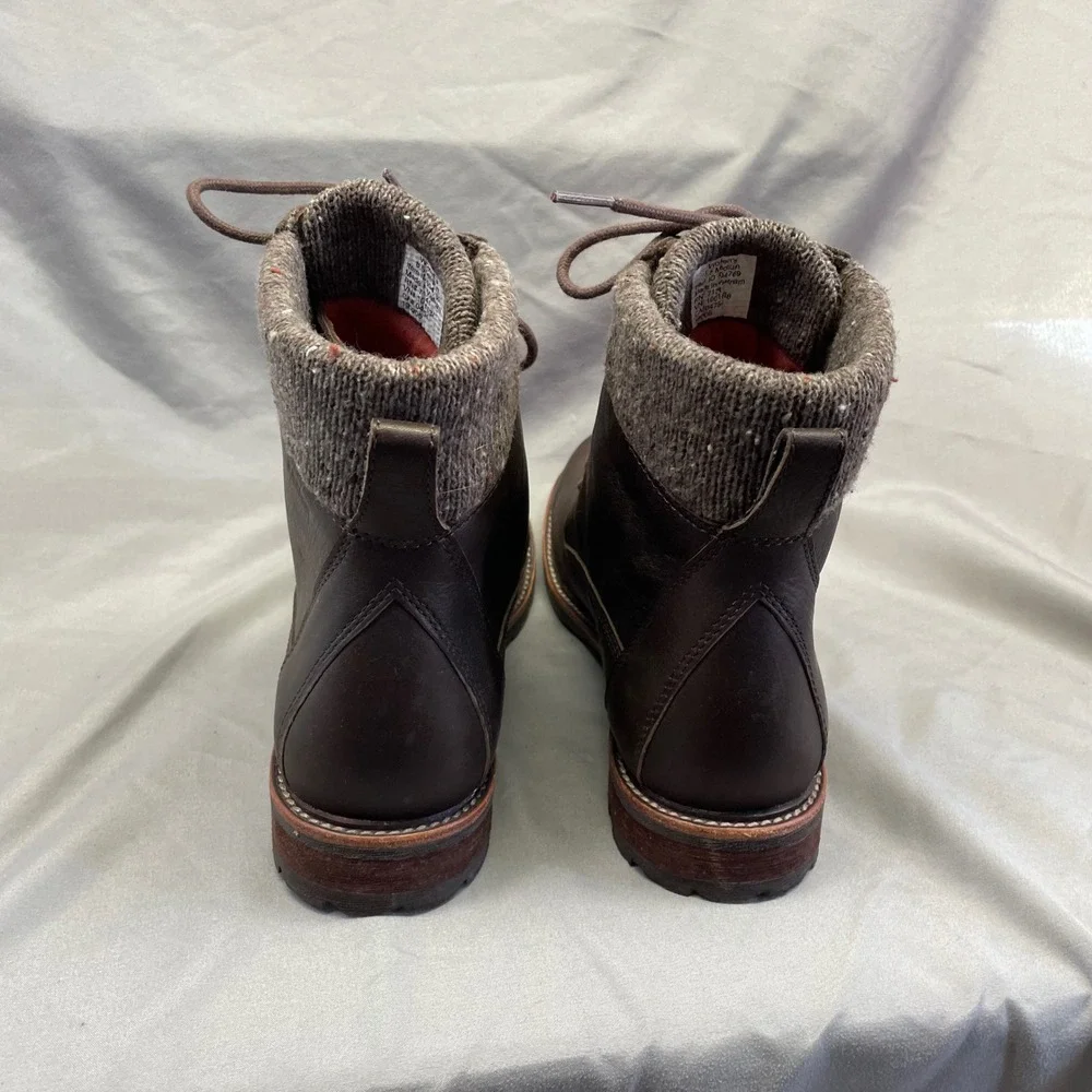 LL Bean Stonington Boots Women 8.5 Dark Brown Leather Sweater Fleece Knit TEK2.5